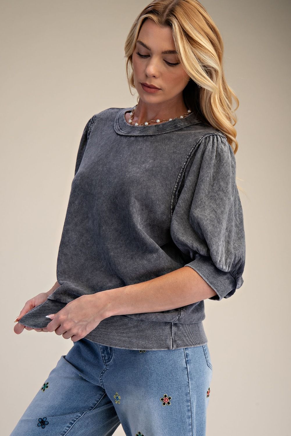 Ash Grey Mineral Washed Puff Sleeve Cotton Top
