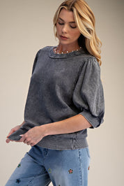 Ash Grey Mineral Washed Puff Sleeve Cotton Top
