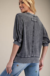 Ash Grey Mineral Washed Puff Sleeve Cotton Top