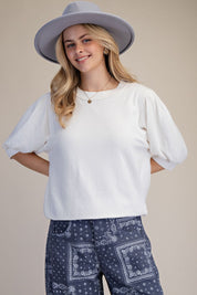 White Mineral Washed Puff Sleeve Cotton Top