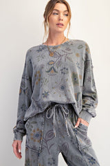 Ash Grey Floral Printed Washed Terry Top