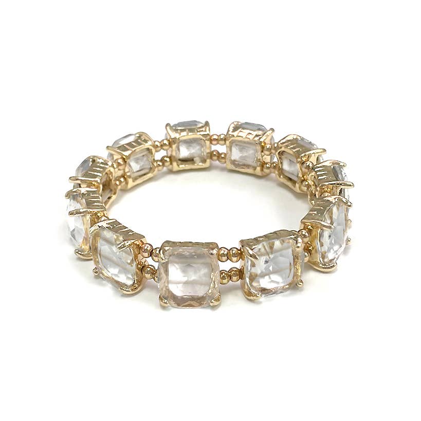 Cushion Cut Glass Crystal Linked Stretch Bracelet - 6 COLORS