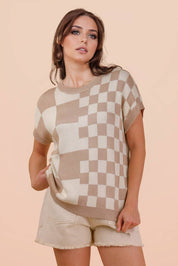 Taupe Mix Checkered Knit Top