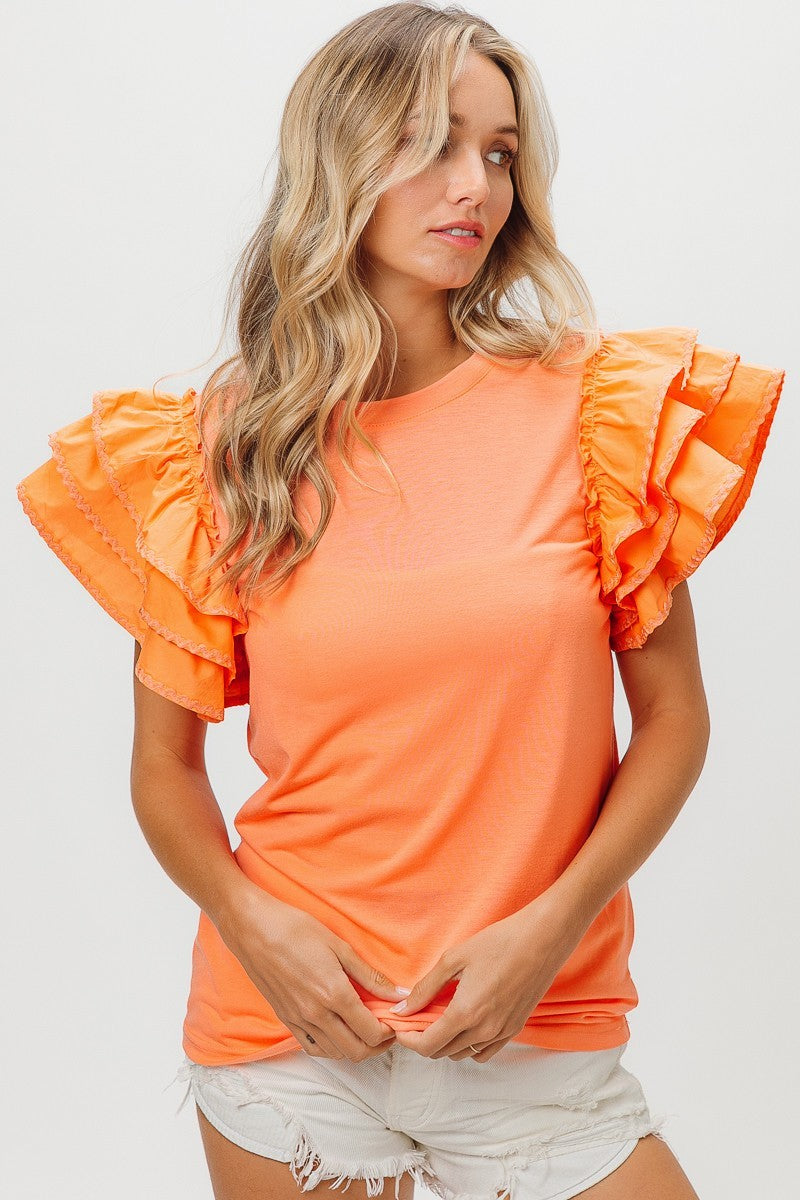 Apricot Knit Top w/ Ruffle Tiered Sleeves