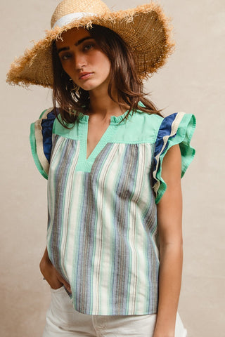 Blue Linen Mix Stripe Ruffle Sleeve Top