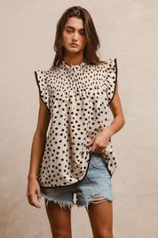 Cream & Black Polka Dotted Smock Ruffle Tank Top