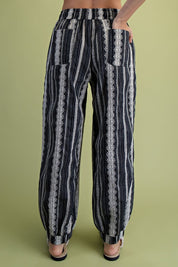 Black Textured Linen Pants w/ Lace Detailing