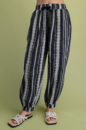 Black Textured Linen Pants w/ Lace Detailing